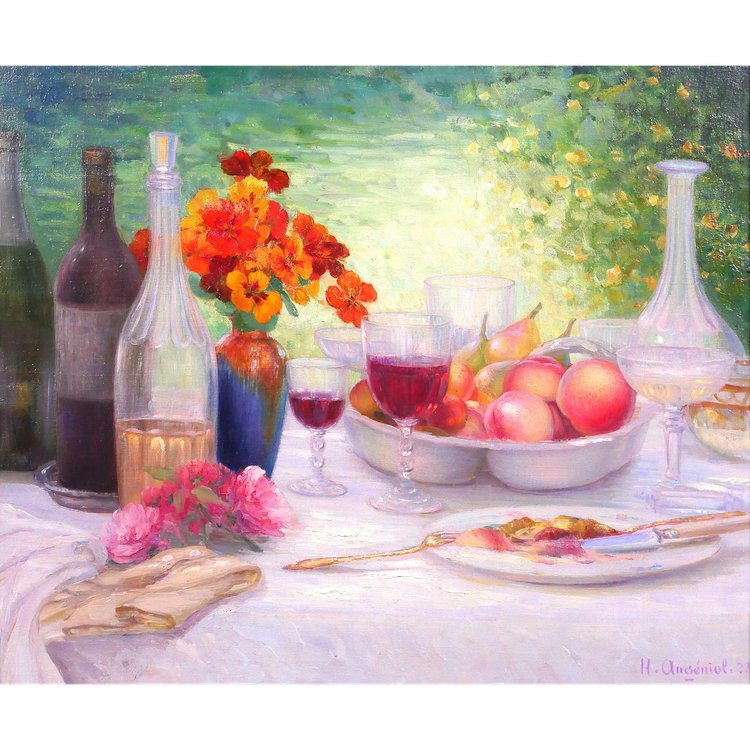 Henri ANGENIOL 1870-1959 La table au jardin, nature morte, tableau, 1923, fleurs, vin