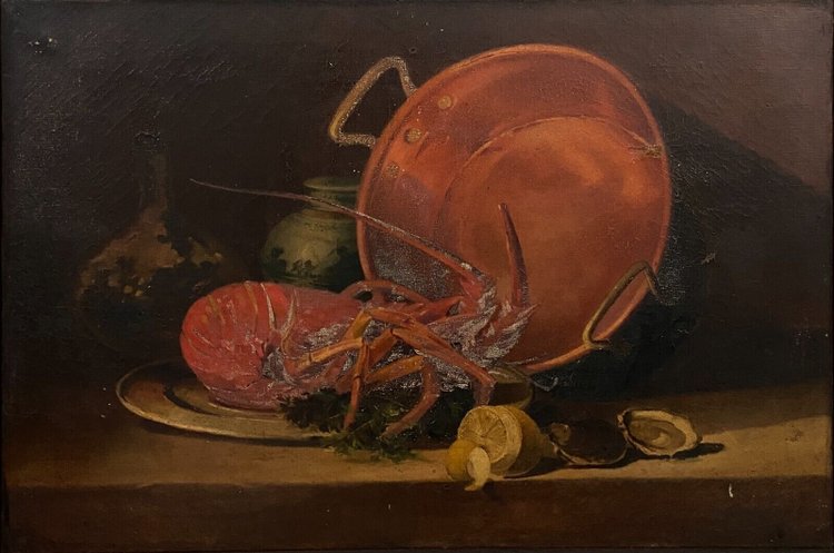 Huile sur toile nature morte avec homard début XXe