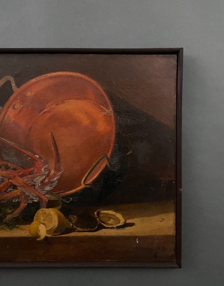 Huile sur toile nature morte avec homard début XXe