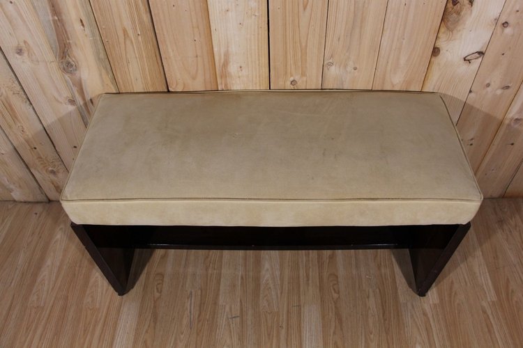 Art Deco Beige Velvet And Wood Veneer Banquette