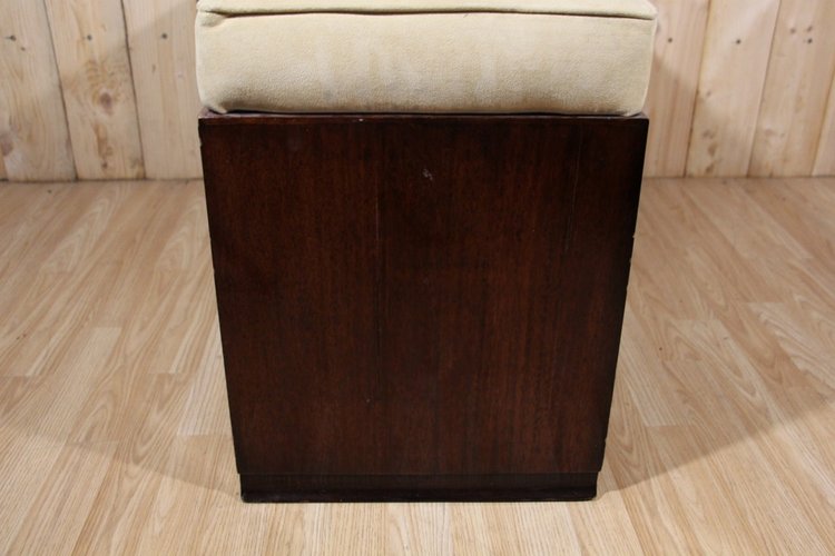 Art Deco Beige Velvet And Wood Veneer Banquette