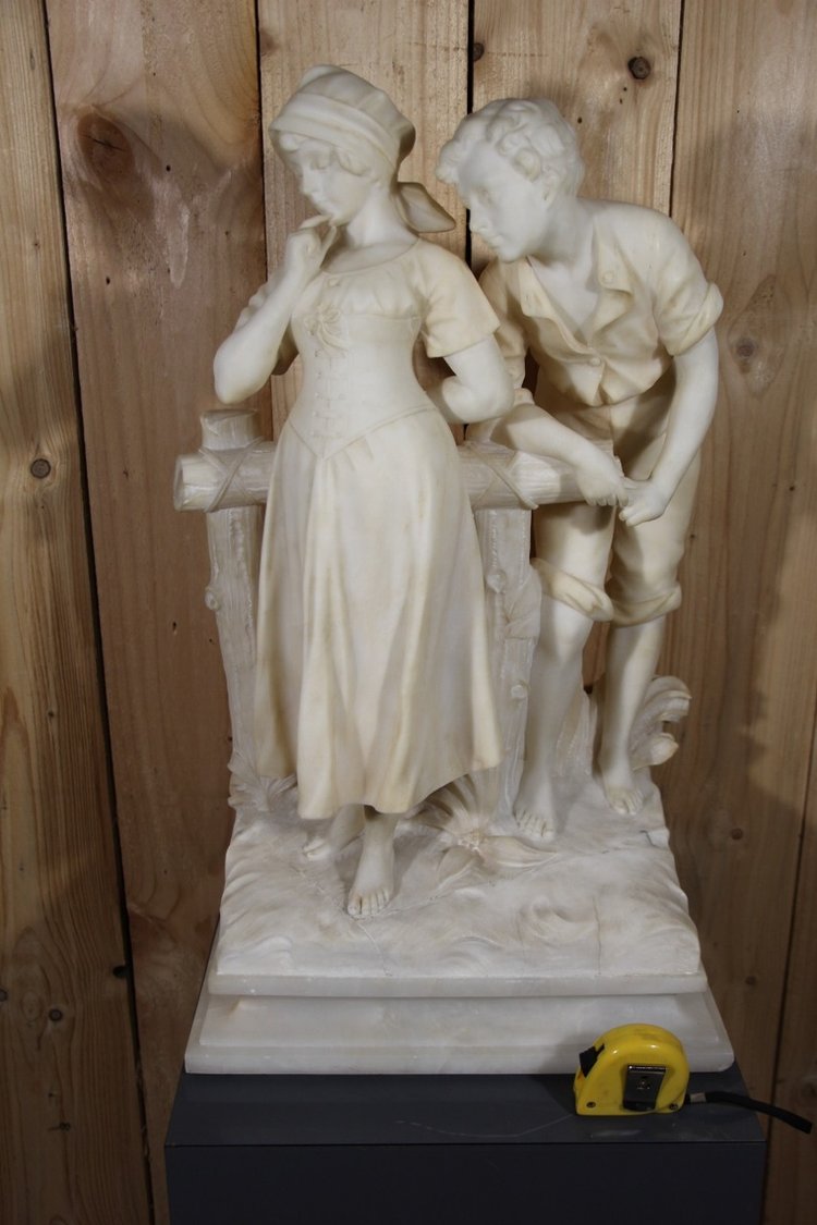 Large alabaster sculpture Signed De Cipriani "the young romantic couple".