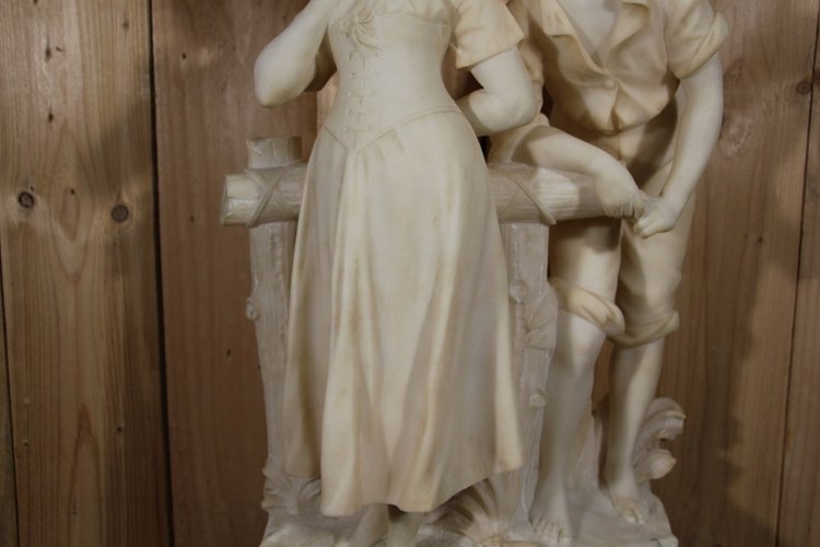 Large alabaster sculpture Signed De Cipriani "the young romantic couple".