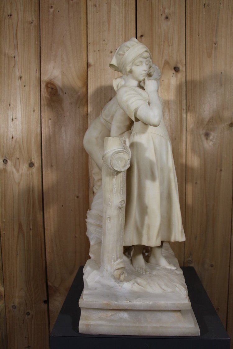 Large alabaster sculpture Signed De Cipriani "the young romantic couple".