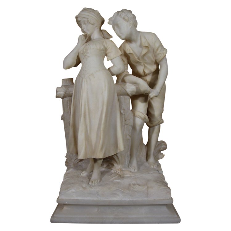 Large alabaster sculpture Signed De Cipriani "the young romantic couple".