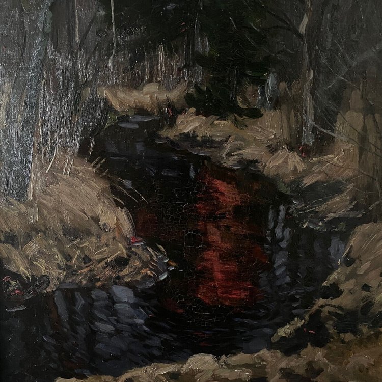 Olio su tavola di Stanislaw Zukowski Ruscello nel sottobosco