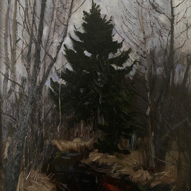 Olio su tavola di Stanislaw Zukowski Ruscello nel sottobosco