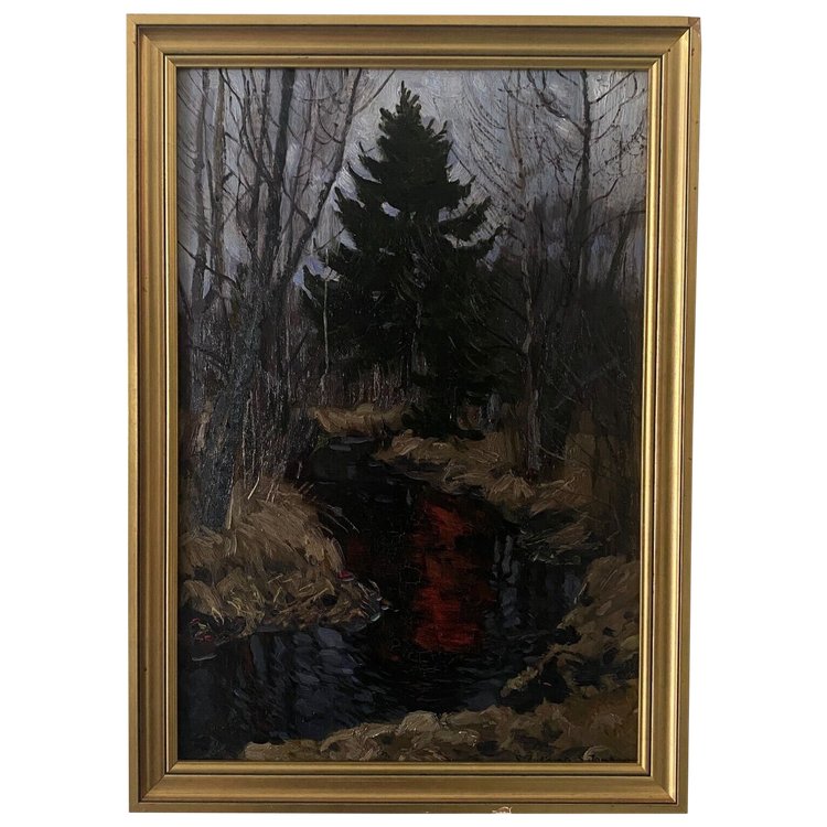 Olio su tavola di Stanislaw Zukowski Ruscello nel sottobosco