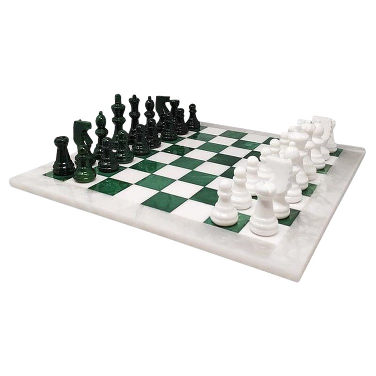 1970s Gorgeous Green and White Chess Set in Volterra Alabaster Handmade Made in Italy