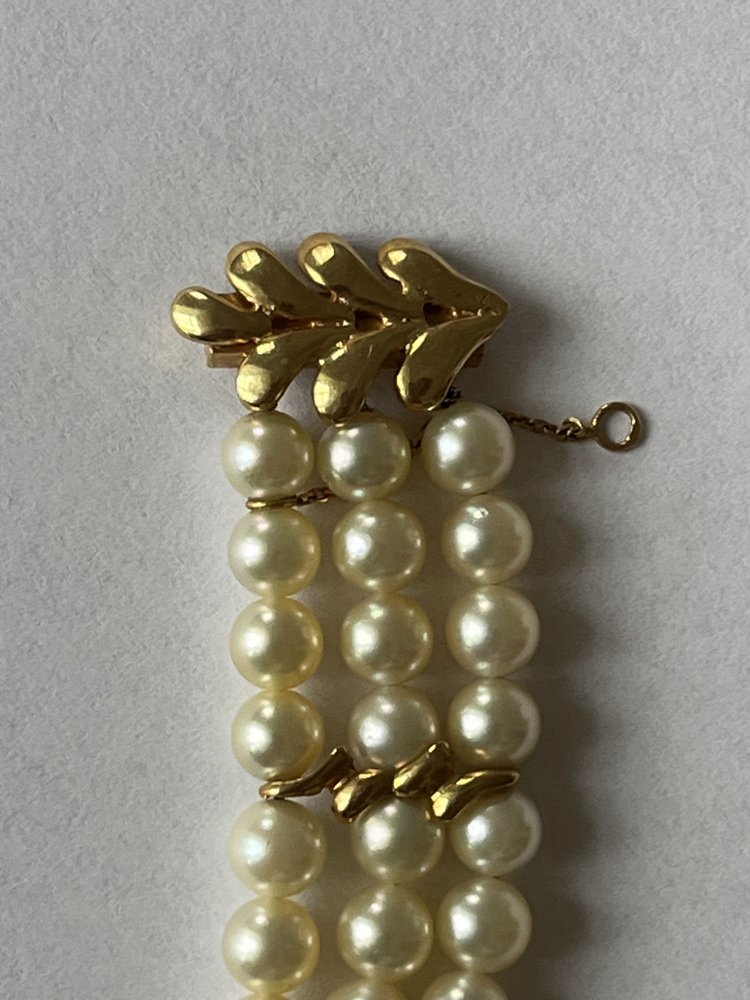 Bracelet 3 Strands Pearls Yellow Gold Bars 8.00 g