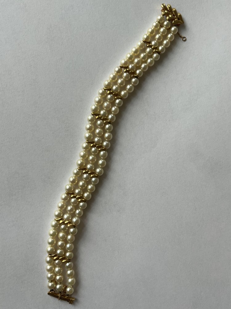 Bracelet 3 Strands Pearls Yellow Gold Bars 8.00 g