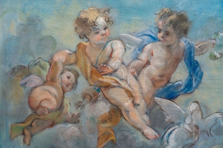 Late 19th century pastel painting decorated with cherubs and doves