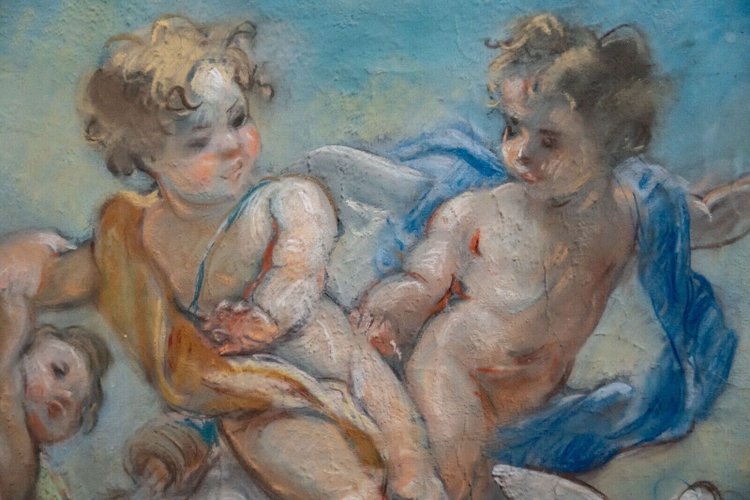 Late 19th century pastel painting decorated with cherubs and doves