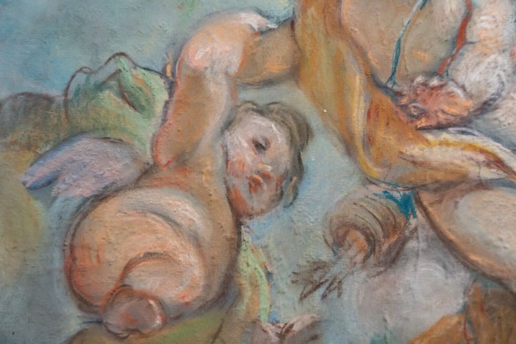 Late 19th century pastel painting decorated with cherubs and doves