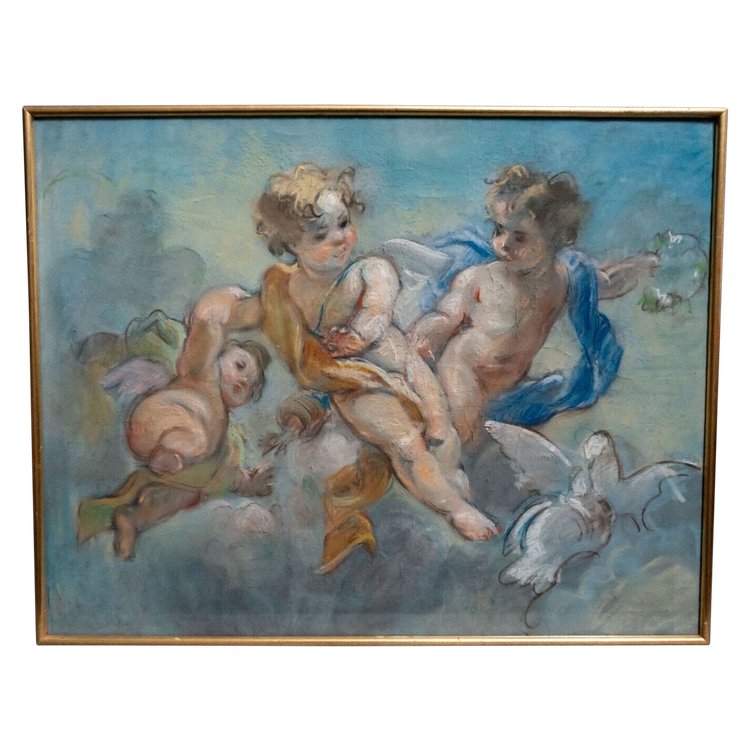 Late 19th century pastel painting decorated with cherubs and doves