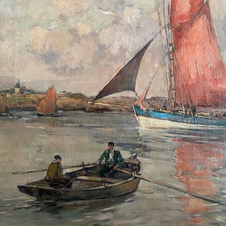 Oil on canvas by Ernest Vauthrin (1878-1949) Boats in Brittany