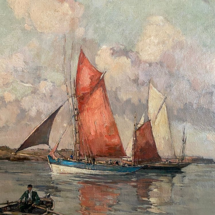 Oil on canvas by Ernest Vauthrin (1878-1949) Boats in Brittany