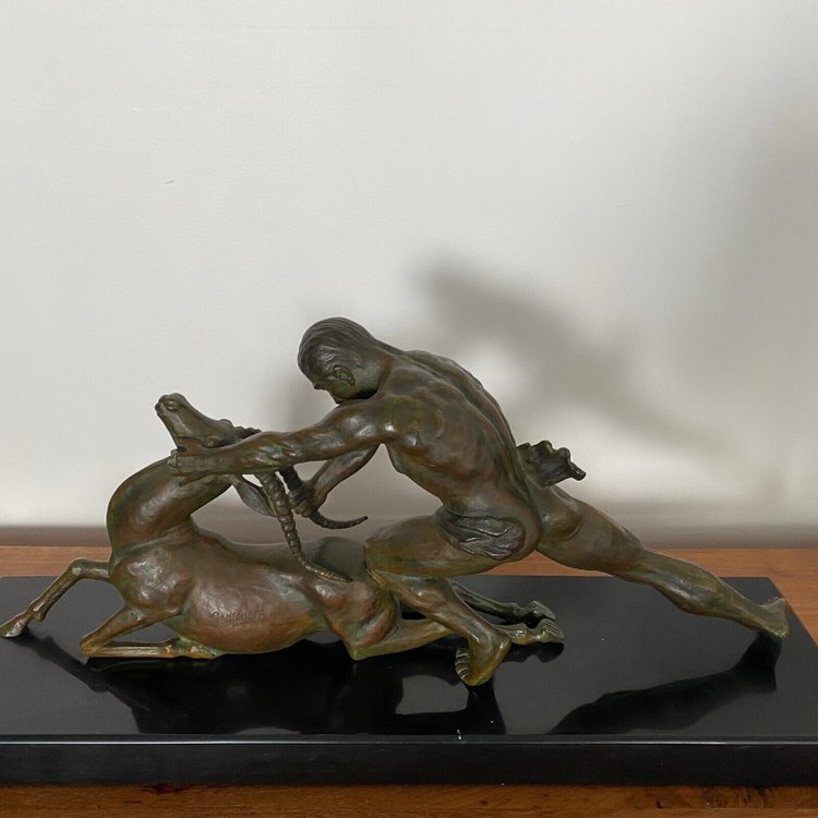 Art Deco Bronze von Ghanu Gantcheff 1930 Mann und Antilope