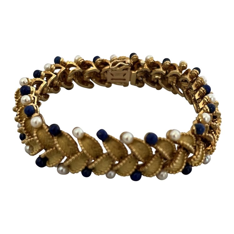 Articulated bracelet Leaves Yellow gold Lapis Lazuli beads