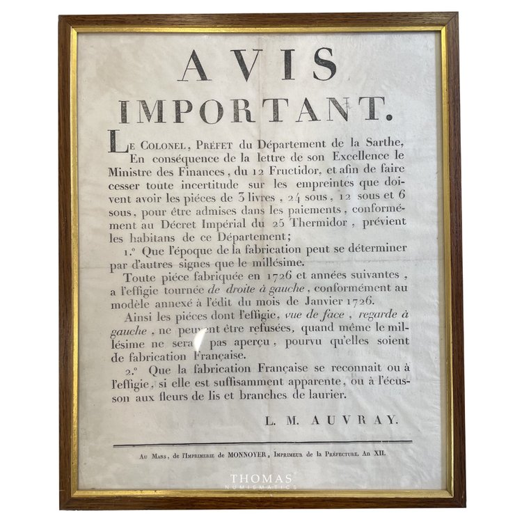 DOCUMENTS ANCIEN - AVIS IMPORTANT – PRÉFET COLONEL AUVRAY – IDENTIFICATION MONNAIES 1726