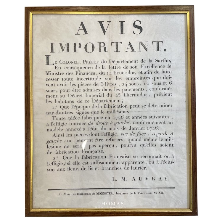 DOCUMENTS ANCIEN - AVIS IMPORTANT – PRÉFET COLONEL AUVRAY – IDENTIFICATION MONNAIES 1726