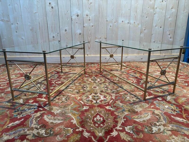 Pair of glass and gold metal coffee tables