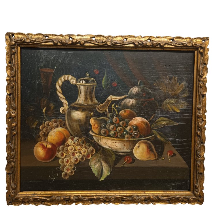 Ancienne peinture à l'huile sur panneau, Nature morte, milieu du 19e s., Flamande, mesurée, h53, l60, p2