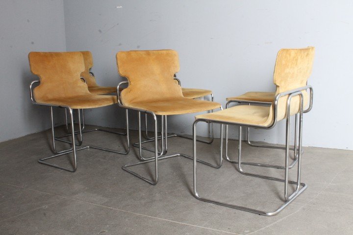 Groupe de six chaises Willy Rizzo 1970 Métal et Alcantara. Design - Modernisme