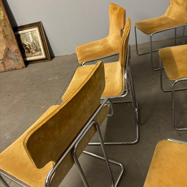 Groupe de six chaises Willy Rizzo 1970 Métal et Alcantara. Design - Modernisme