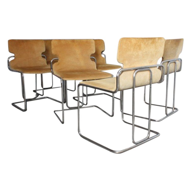 Groupe de six chaises Willy Rizzo 1970 Métal et Alcantara. Design - Modernisme