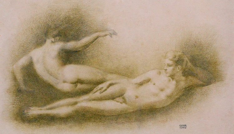 Gaston GOOR 1902-1977 Deux jeunes hommes nus, dessin, crayon sur papier, 1945