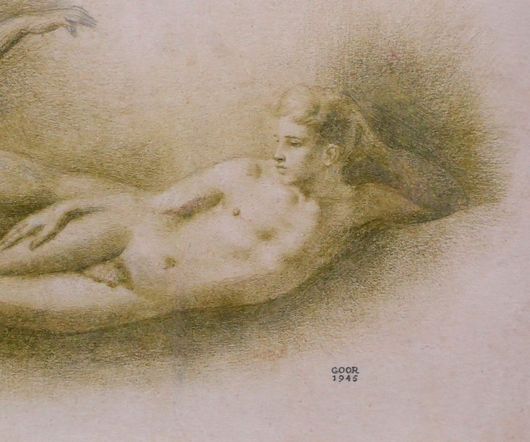 Gaston GOOR 1902-1977 Deux jeunes hommes nus, dessin, crayon sur papier, 1945