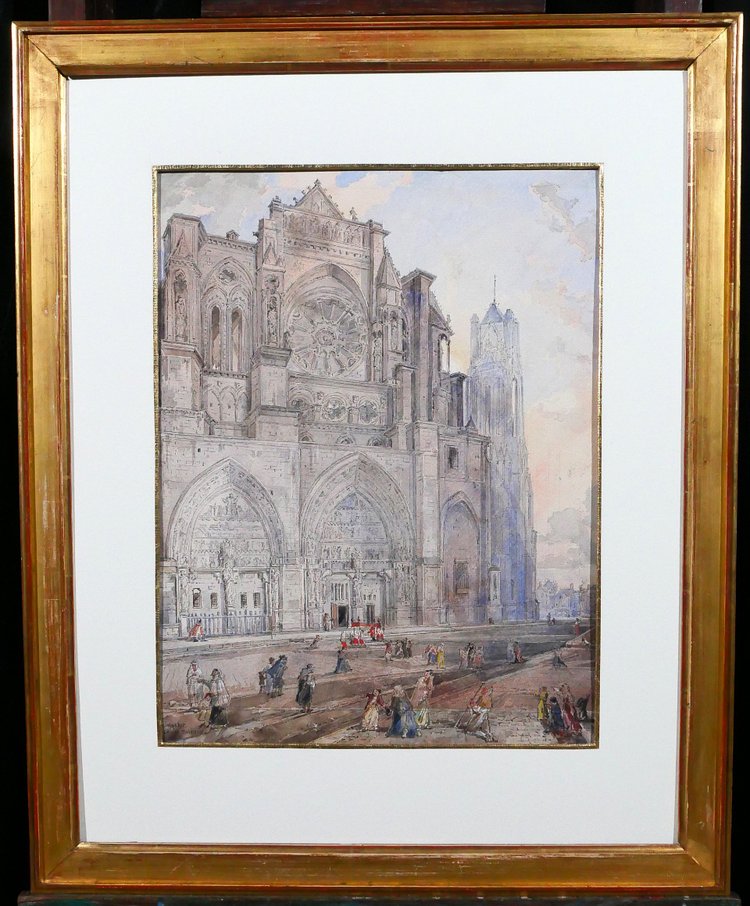 Louis-Désiré Thiénon 1812-1889 Reims, la cattedrale, paesaggio, disegno, 1875