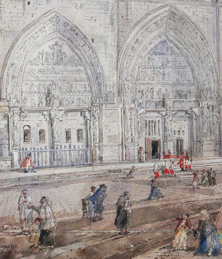 Louis-Désiré Thiénon 1812-1889 Reims, la cattedrale, paesaggio, disegno, 1875