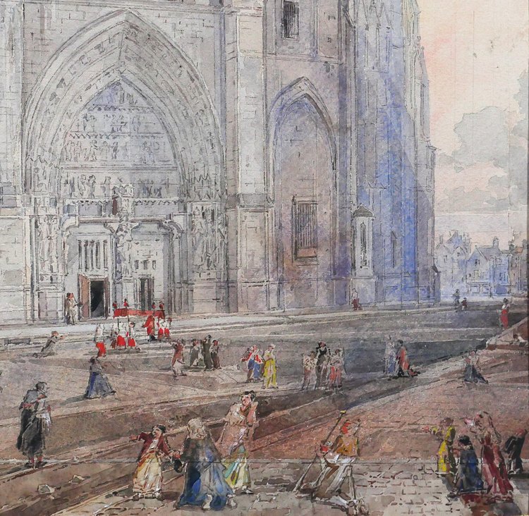 Louis-Désiré Thiénon 1812-1889 Reims, la cattedrale, paesaggio, disegno, 1875