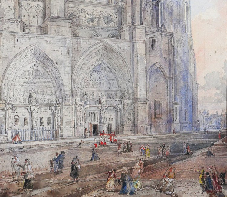 Louis-Désiré Thiénon 1812-1889 Reims, la cattedrale, paesaggio, disegno, 1875