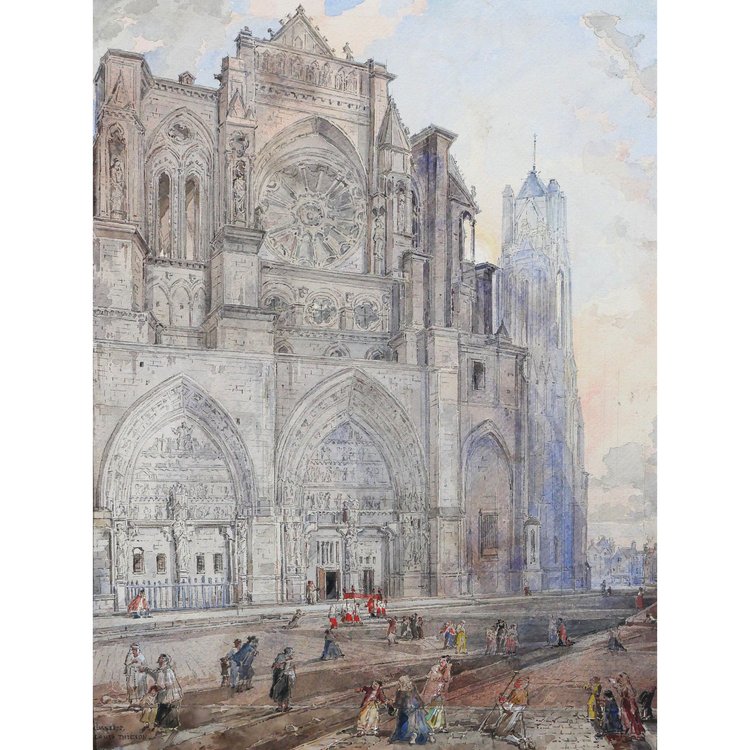 Louis-Désiré Thiénon 1812-1889 Reims, la cattedrale, paesaggio, disegno, 1875