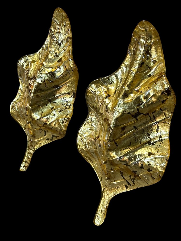 Grandes Paire D’appliques Feuilles En Verre Doré De Murano - Italie Vers 1980 H 67 cm