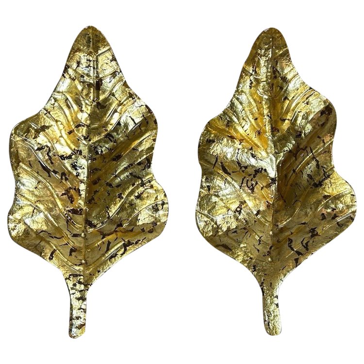 Grandes Paire D’appliques Feuilles En Verre Doré De Murano - Italie Vers 1980 H 67 cm