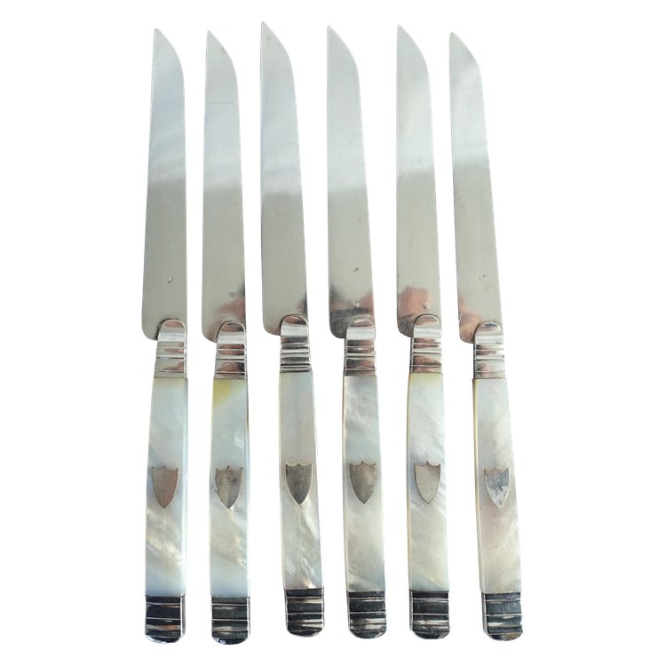 Set of 6 fruit knives, solid silver blade, mother-of-pearl handle, Vieillard hallmark