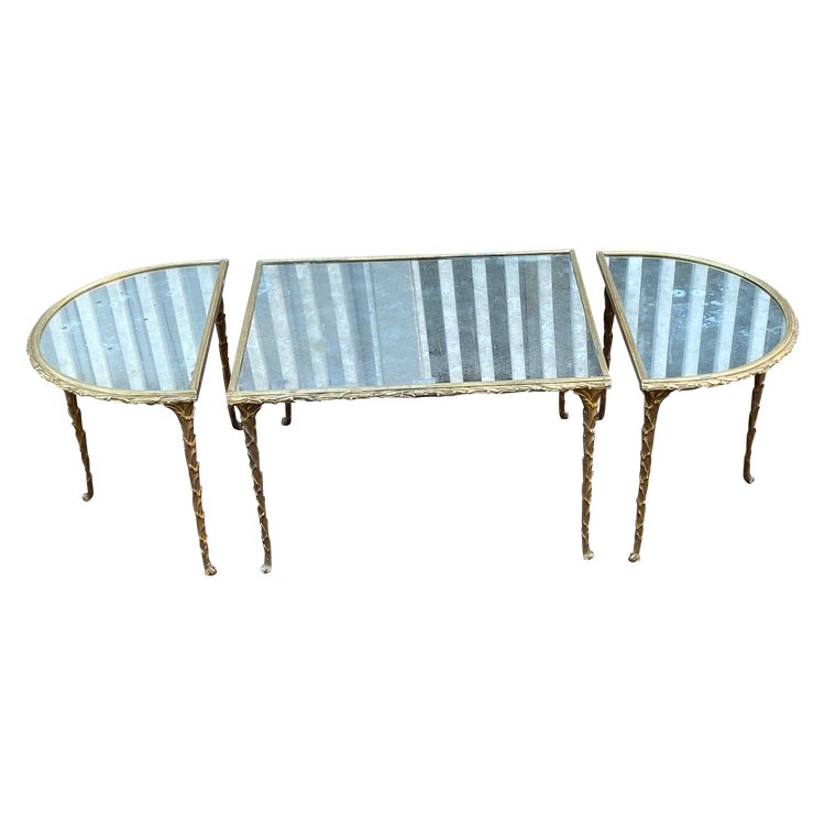 1970′ Tavolo tripartito Maison Charles, Jansen Ou Baguès Palm Tree Design Piani a specchio in bronzo dorato