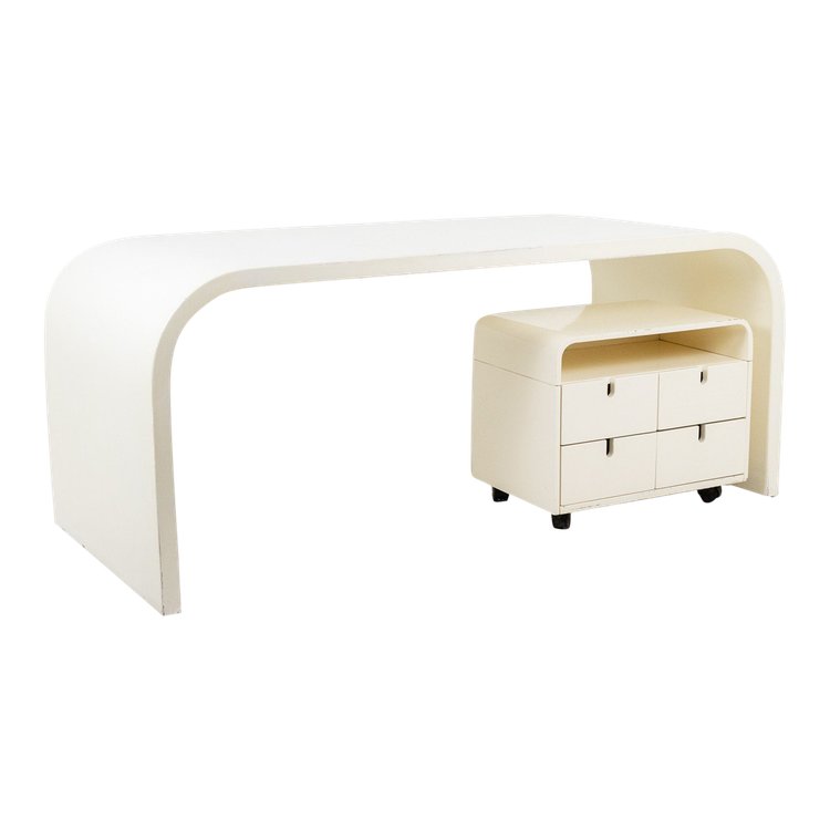 Desk and its cardboard box in white lacquered plywood. 1970s. LS56601111A