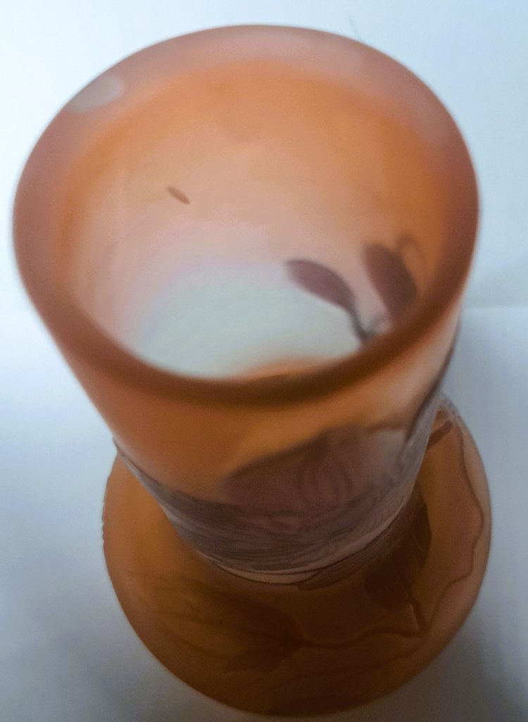  Gallé-Soliflore-Vase aus mehrschichtigem Glas, verziert mit Blumen auf rosa Hintergrund. Signiert im oberen Dekor1