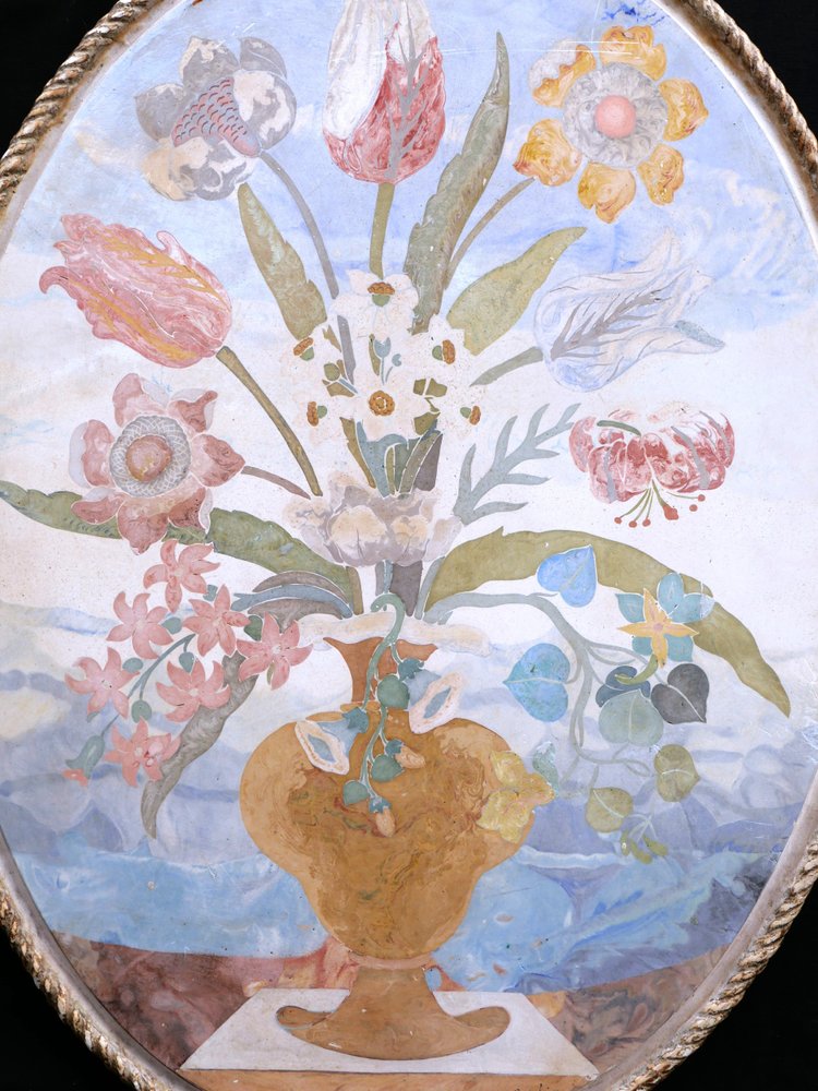 Lodovico et Renzo CUPIOLI, Plaque ovale en scagliola à décor d'un vase fleuri