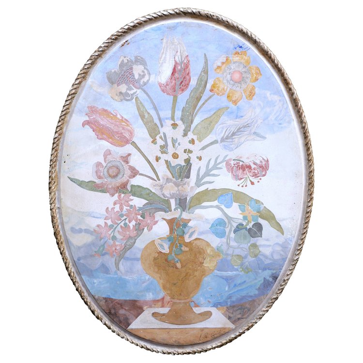 Lodovico et Renzo CUPIOLI, Plaque ovale en scagliola à décor d'un vase fleuri