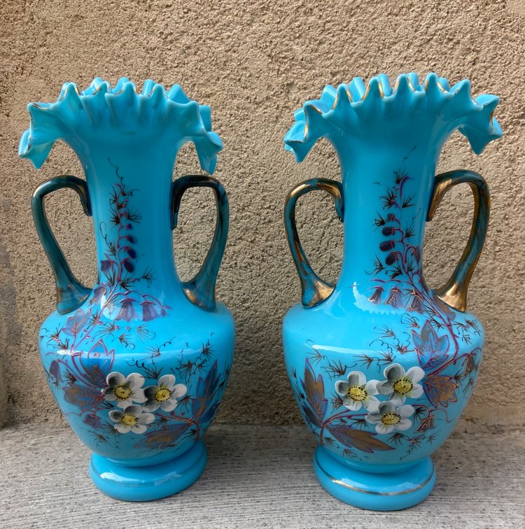 Pair of 19th century blue opaline vases.