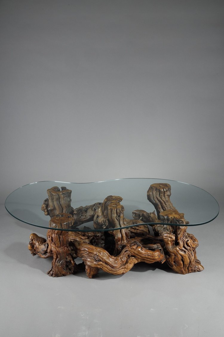 COFFEE TABLE MADE OF TREE ROOTS WITH BEAN-SHAPED GLASS TOP