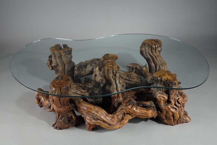 COFFEE TABLE MADE OF TREE ROOTS WITH BEAN-SHAPED GLASS TOP