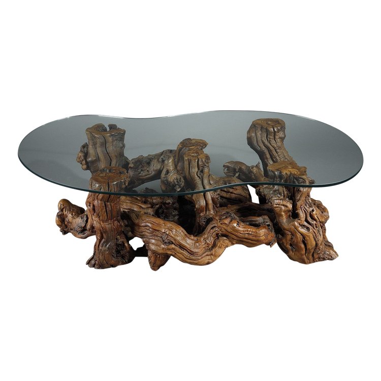 COFFEE TABLE MADE OF TREE ROOTS WITH BEAN-SHAPED GLASS TOP