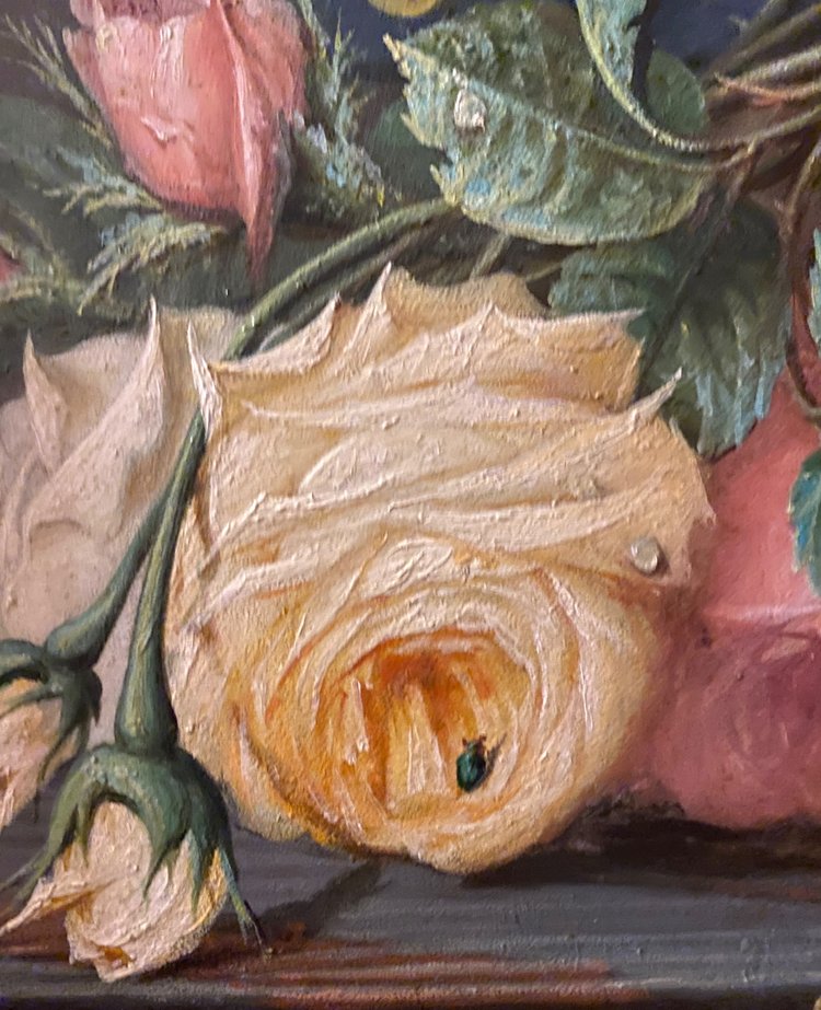 Louis Piraud. Nature morte aux raisins et roses. Huile sur carton encadrée. XIXème